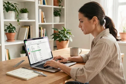 Femme convertissant des ares en mètres carrés sur Excel avec un ordinateur portable dans un bureau à domicile