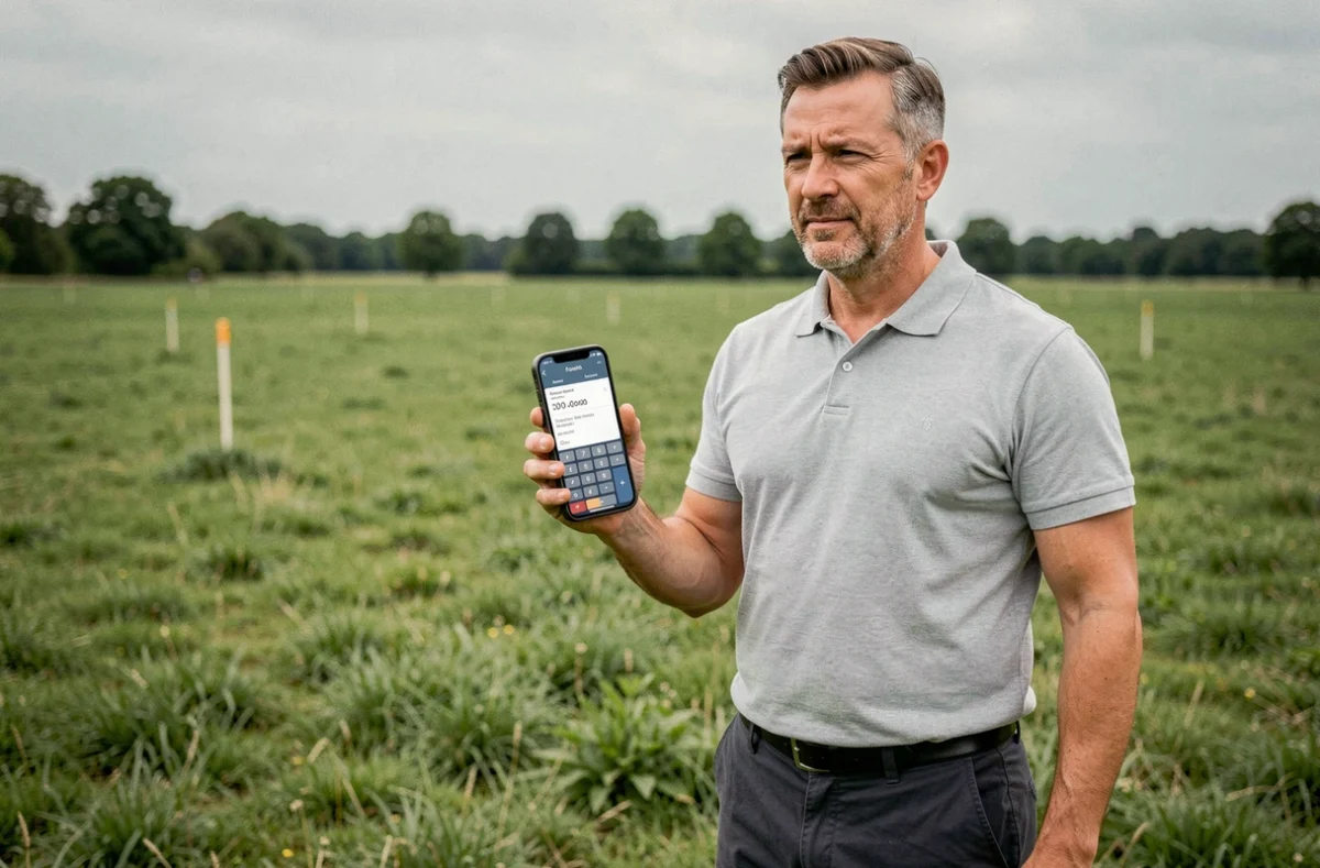 Homme utilisant une calculatrice sur smartphone pour convertir des ares en m2 dans un champ de terrain