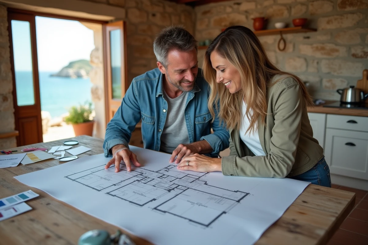 Couple examinant des plans de maison dans une cuisine en pierre d'une maison côtière à rénover