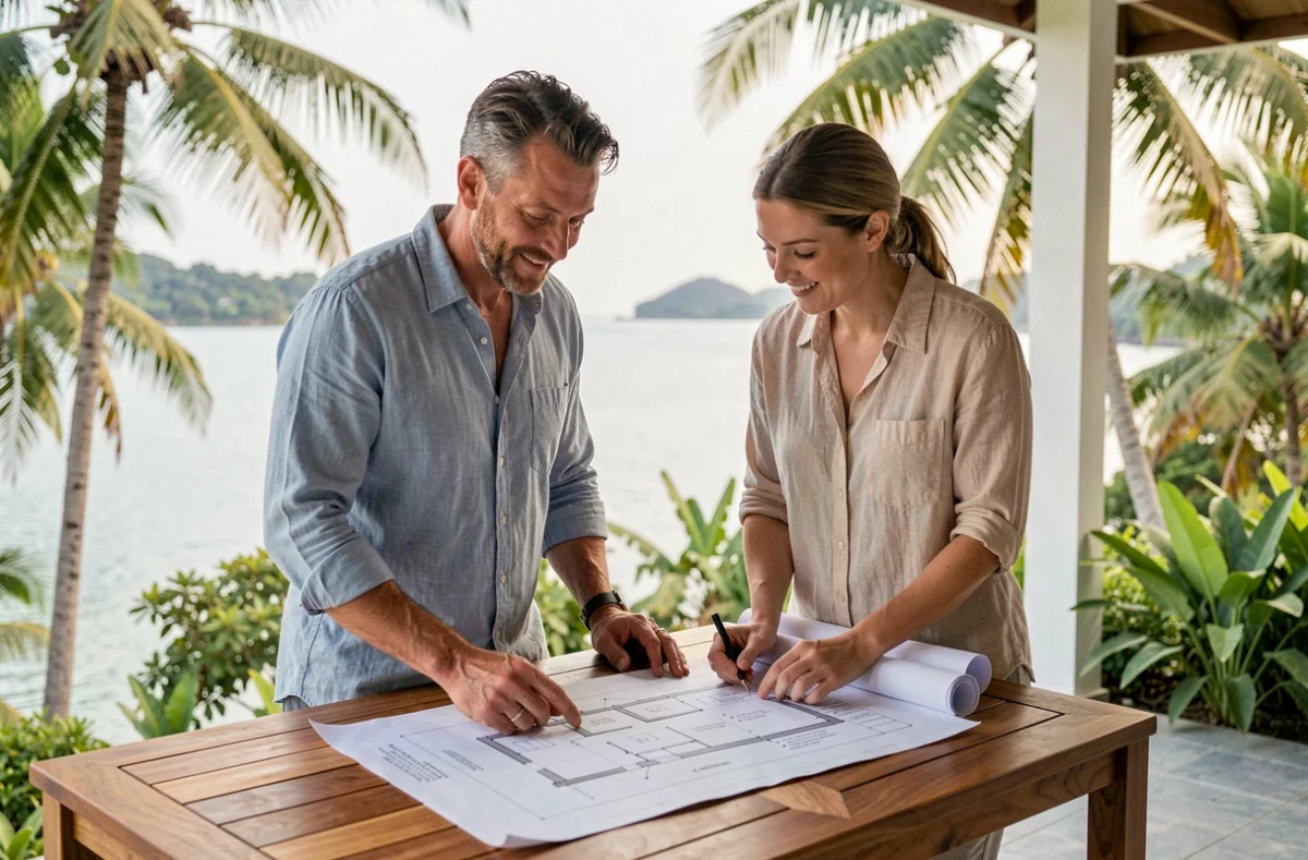 Couple européen examinant des plans pour acheter une maison vue mer à Koh Samui