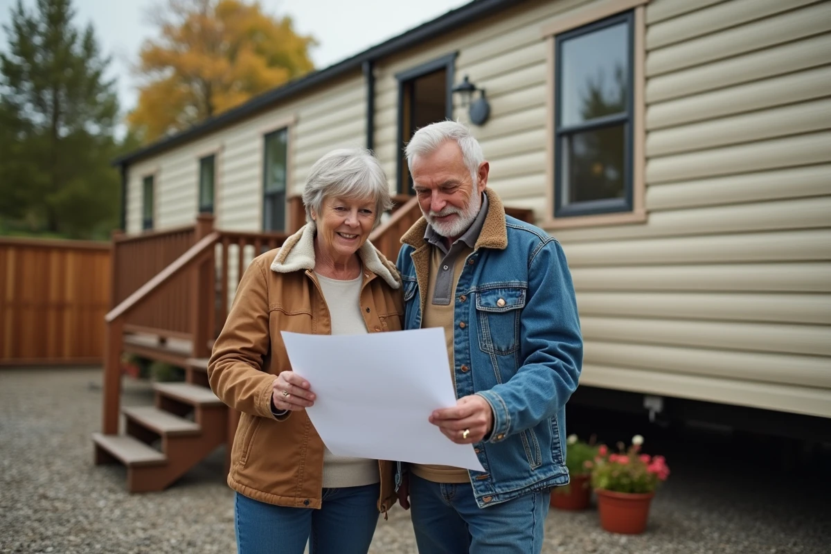 Couple étudiant le plan de parcelle lors d'un achat de terrain avec mobil home en Vendée