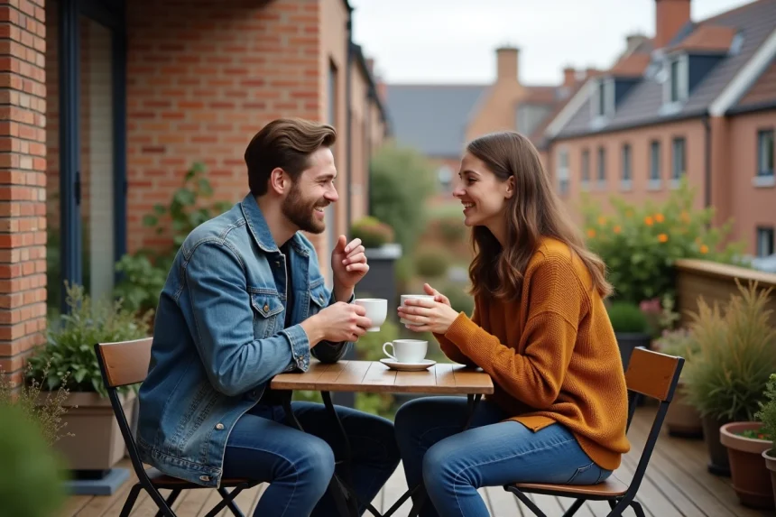 Jeune couple souriant dégustant un café en terrasse automne