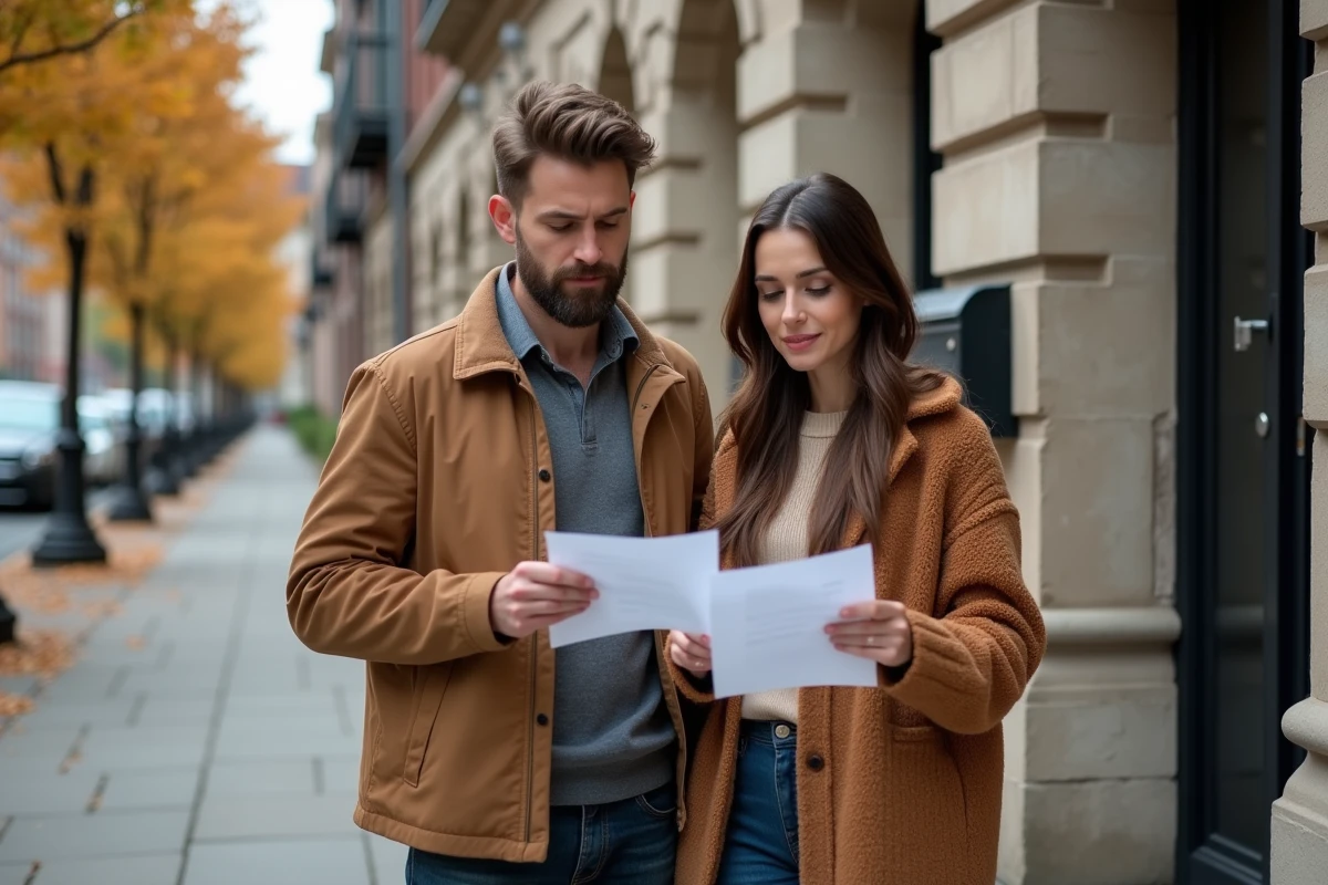 Couple de futurs locataires examinant leur dossier de candidature devant leur futur immeuble en ville