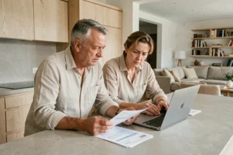 Couple examinant des documents fiscaux relatifs à la déclaration H2 d'une cuisine ouverte dans un intérieur moderne