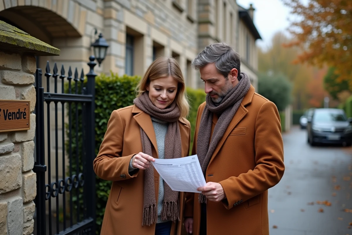 Couple examinant le rapport de diagnostic immobilier devant une maison en vente