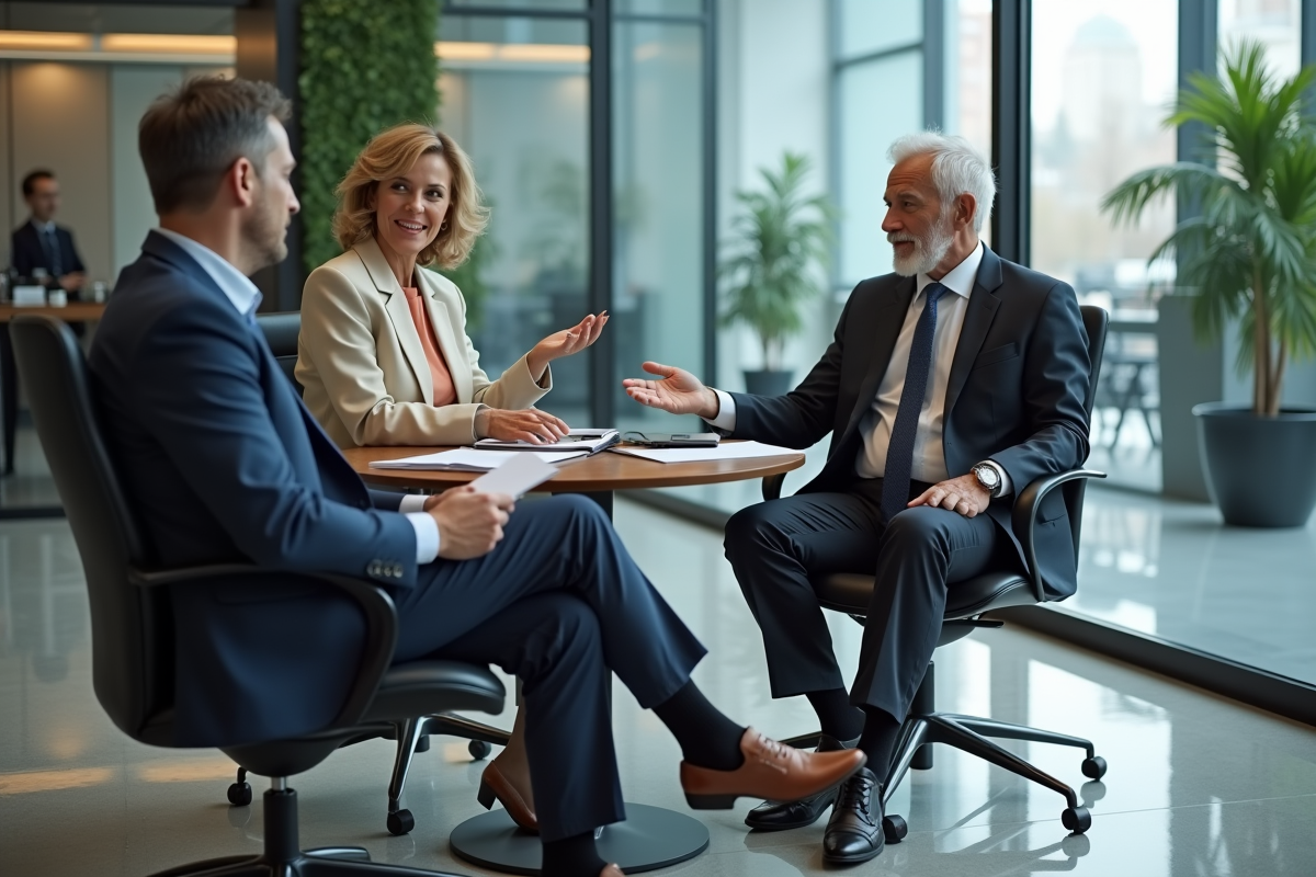 Couple discutant avec un banquier dans un bureau professionnel