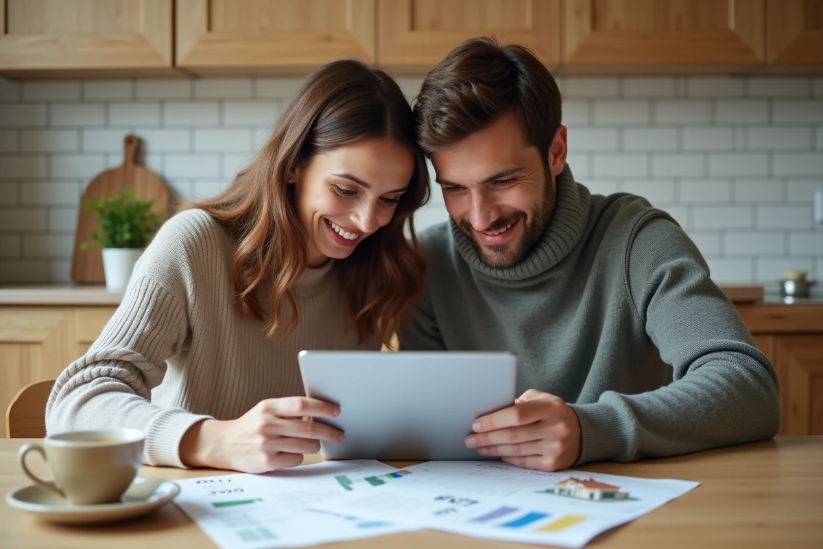 Couple étudiant un dossier de crédit immobilier et une estimation de bien sur tablette à la maison
