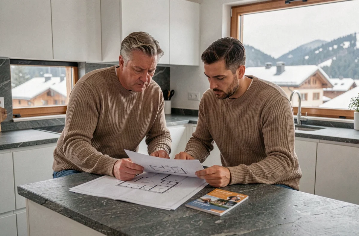 Couple étudiant les plans et documents de vente d'un appartement aux Menuires avant de signer