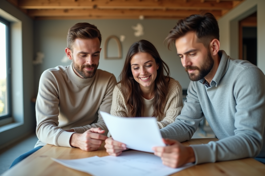 Jeune couple discutant avec un conseiller financier dans une maison en construction