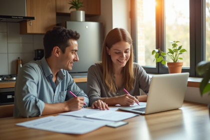 Jeune couple remplissant un formulaire d'aide logement à la maison