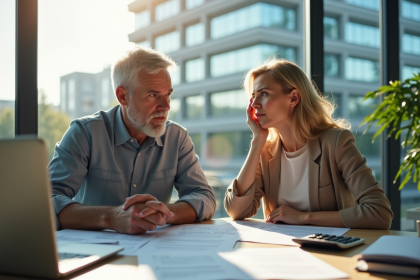 Couple inquiet avec contrats immobiliers et banque en arrière plan