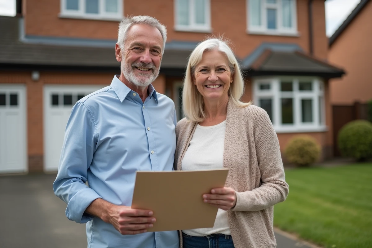 Couple souriant devant leur maison neuve en banlieue