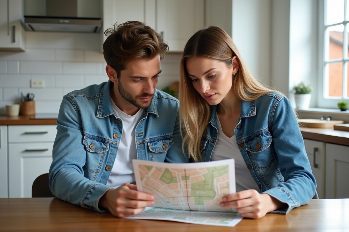 Jeune couple regardant une carte dans la cuisine moderne