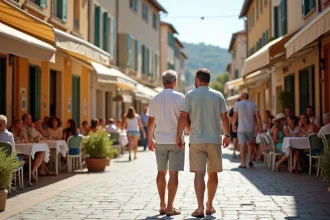 Couple d'adultes dans une rue animée de Fréjus