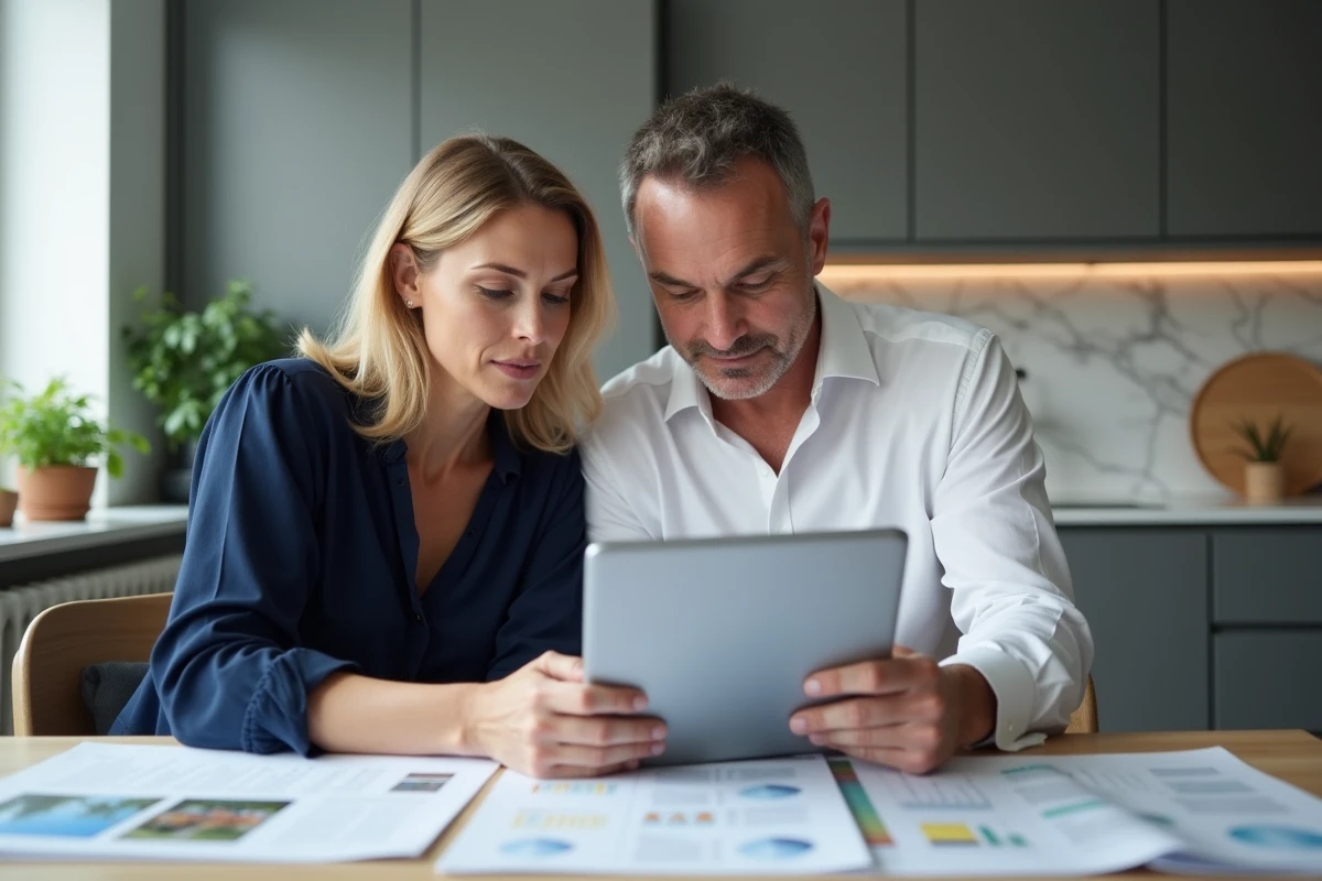 Couple de propriétaires étudiant ensemble les avis et documents liés à Akerys immobilier