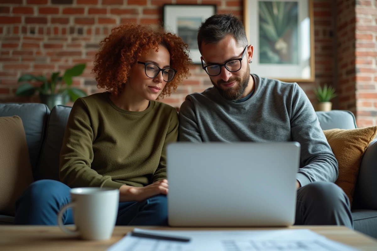 Couple consultant un comparateur de prix immobiliers sur laptop pour optimiser leur achat avec Papers Immo