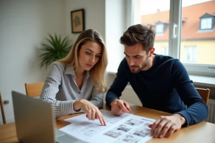 Jeune couple consultant les prix des loyers à Lyon sur ordinateur portable et documents imprimés dans un appartement
