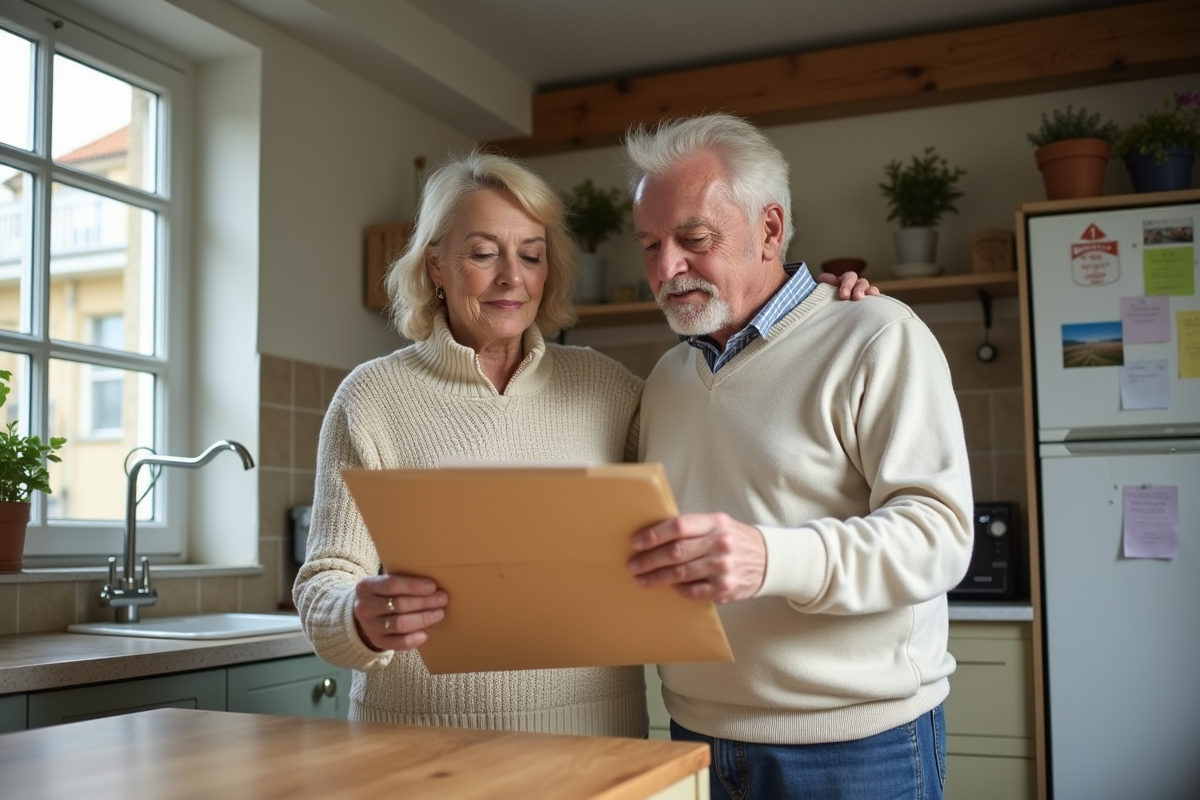 Couple retraité discutant devant une table de cuisine