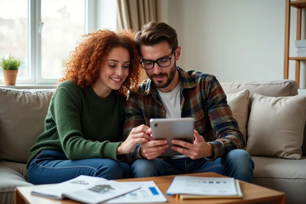 Couple préparant leur dossier de prêt immobilier CASDEN avec une simulation en ligne sur tablette à domicile