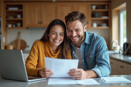 Jeune couple souriant en cuisine avec documents de prêt immobilier