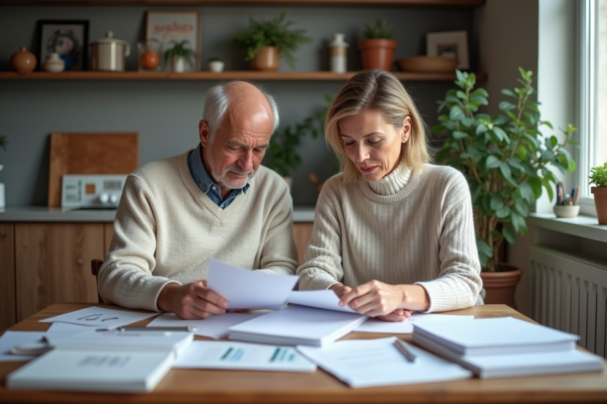 Couple d'adultes triant des papiers dans une cuisine moderne