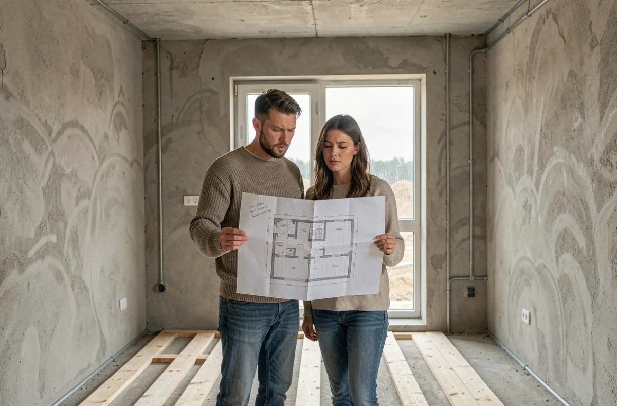 Couple comparant un plan architectural aux dimensions réelles d'une chambre vide en cours de construction
