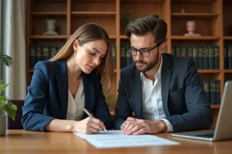 Couple examinant un document immobilier avant de signer chez un notaire, illustration du formulaire 3233-SD pour sécuriser un achat immobilier