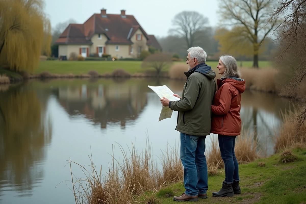 Couple évaluant un étang à acheter en milieu rural, entouré de végétation et de paysage champêtre français