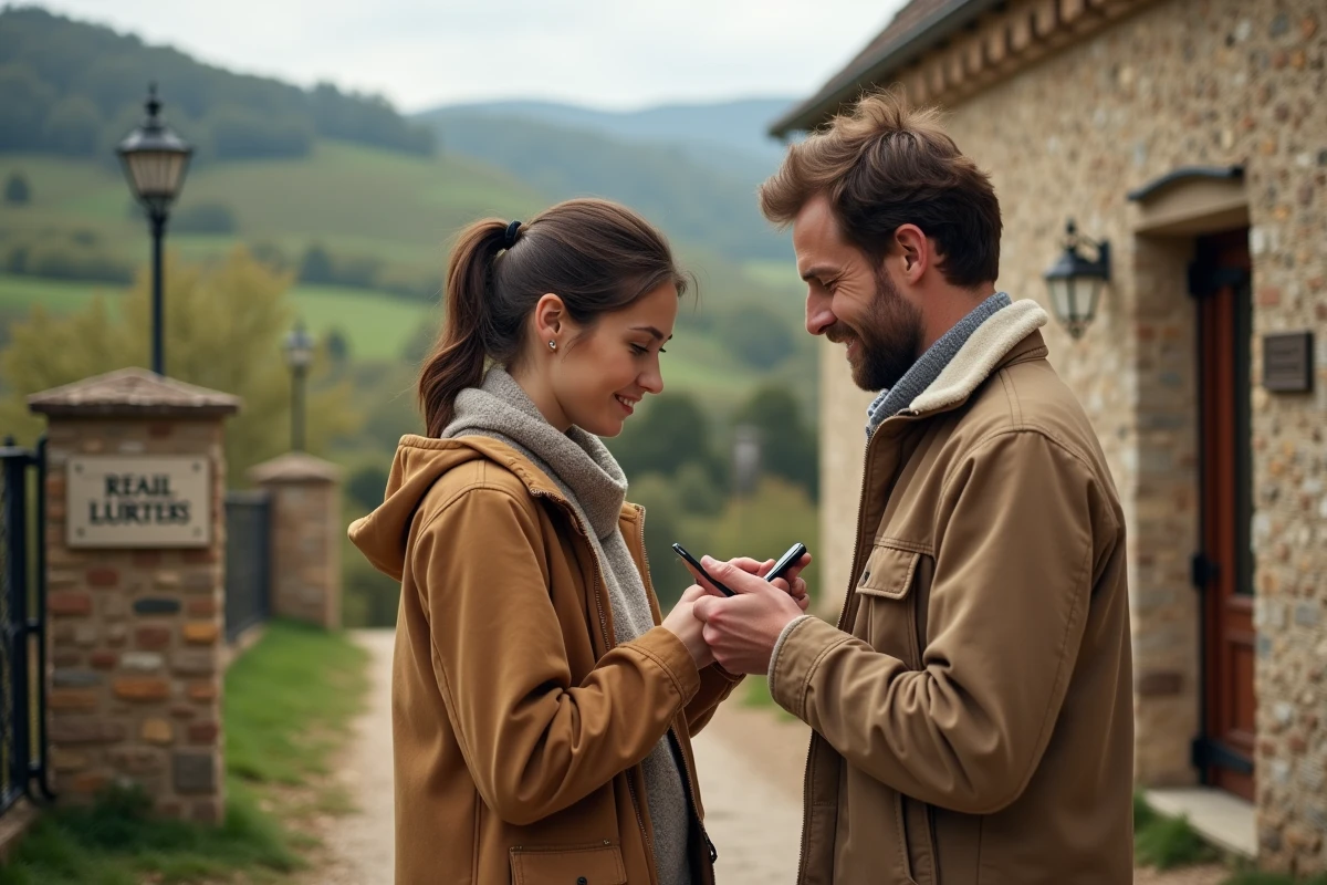 Couple visitant une maison en pierre sur les coteaux et consultant une annonce immobilière sur smartphone, illustrant la recherche de bien via une plateforme en ligne ou une agence locale