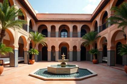 Cour intérieure d'un riad de luxe à Marrakech avec fontaine en marbre, zellige en cobalt et arches en stuc sculpté