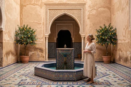 Cour intérieure d'un petit riad traditionnel à vendre à Marrakech avec fontaine en zellige et arcades sculptées