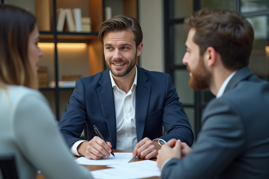 Courtier en prêt immobilier expliquant des documents à un couple