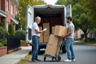 Homme et femme organisent un déménagement dans une rue calme