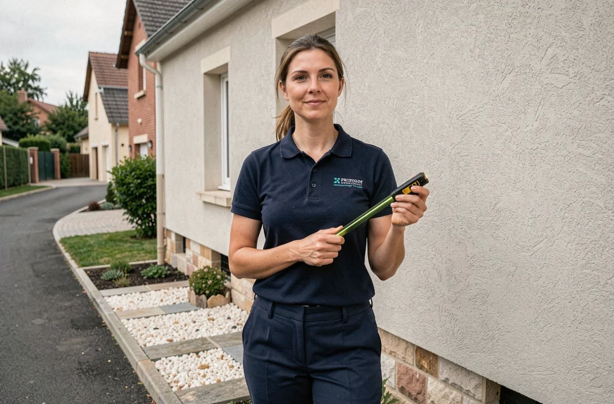 Diagnostiqueure de Diagamter Bordeaux Sud mesurant l'extérieur d'une maison résidentielle de la banlieue sud de Bordeaux avec un télémètre laser