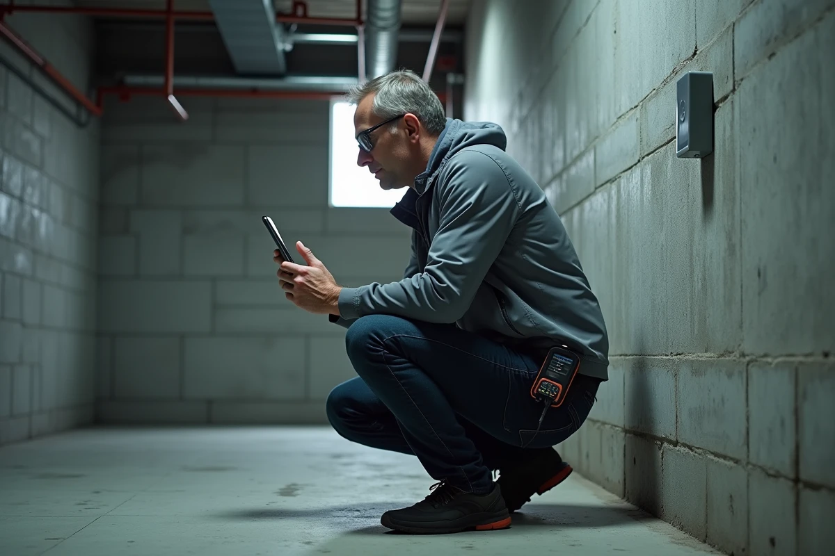 Diagnostiqueur immobilier utilisant une application mobile dans une cave lors d'un diagnostic technique