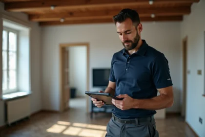 Diagnostiqueur immobilier utilisant un logiciel sur tablette dans un appartement en cours de rénovation