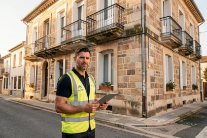 Diagnostiqueur immobilier professionnel debout devant un immeuble en pierre de taille à Bordeaux en Nouvelle-Aquitaine, tenant une tablette et un clipboard