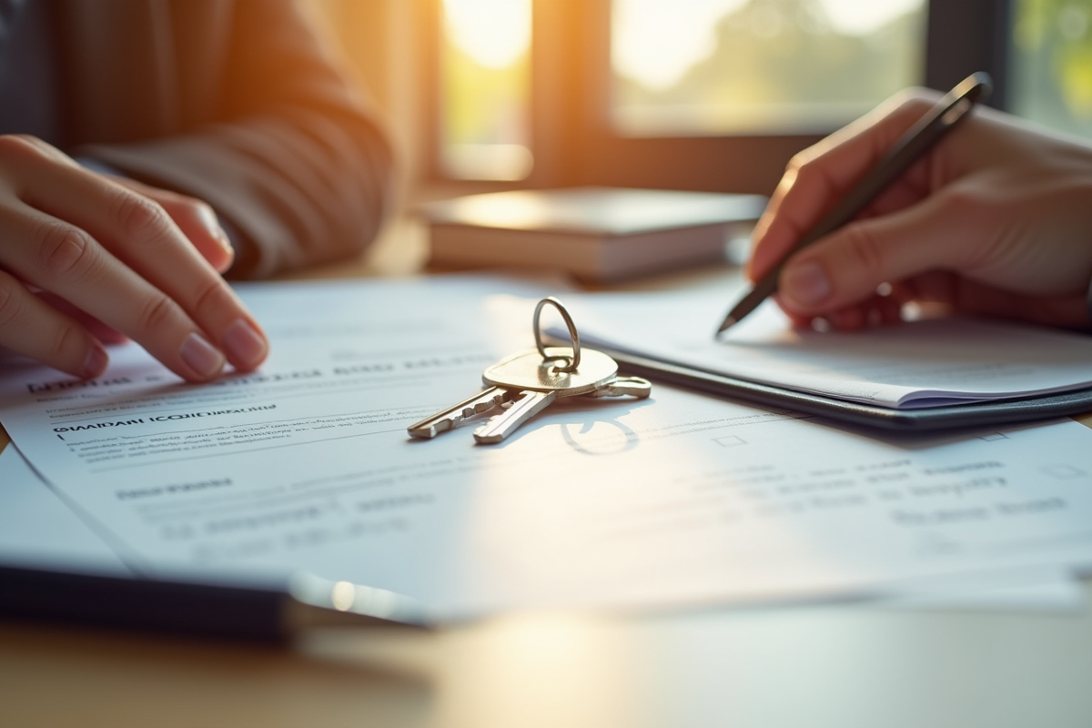 Mains posant des documents d assurance et clés de maison au soleil