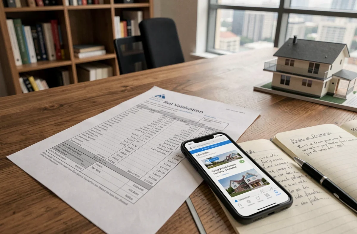 Documents d'évaluation immobilière sur un bureau avec smartphone affichant une estimation de bien en ligne