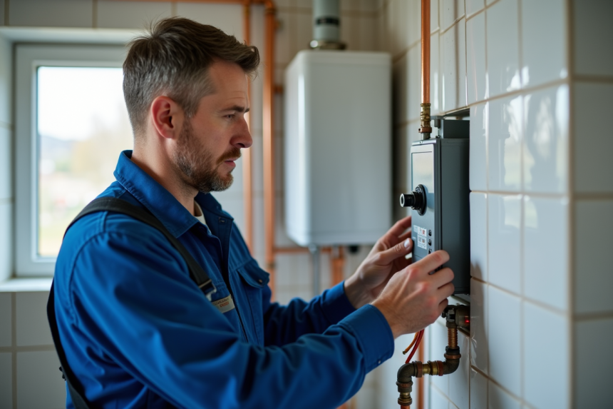 Électricien installant un disjoncteur dans une pièce d'eau