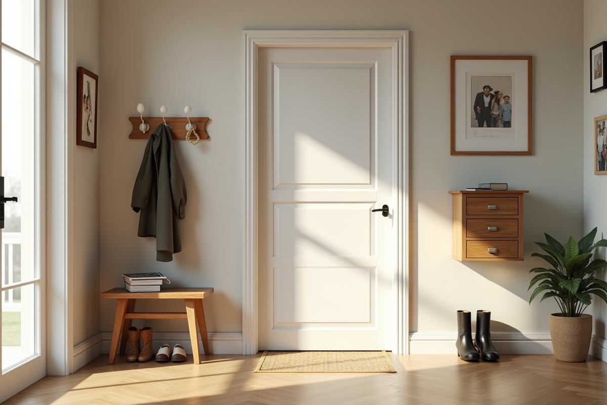Entrée organisée avec chaussures et photos de famille