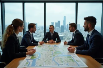 Groupe de professionnels autour d'une carte à La Défense