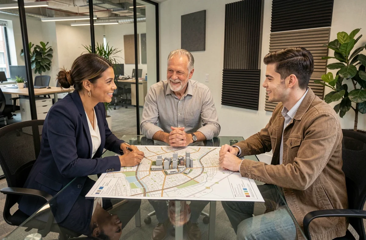 Équipe de professionnels de l'immobilier urbain en réunion de stratégie autour d'une maquette de quartier