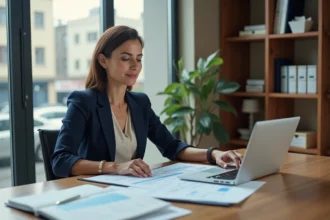 Femme professionnelle analysant une estimation immobilière et des documents de crédit immobilier à son bureau