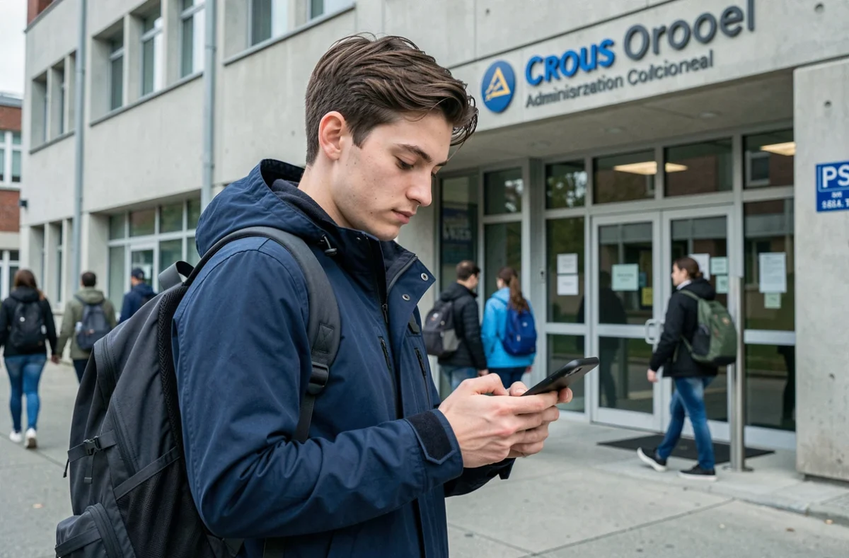 Étudiant attendant son code locataire Crous devant un bâtiment administratif universitaire