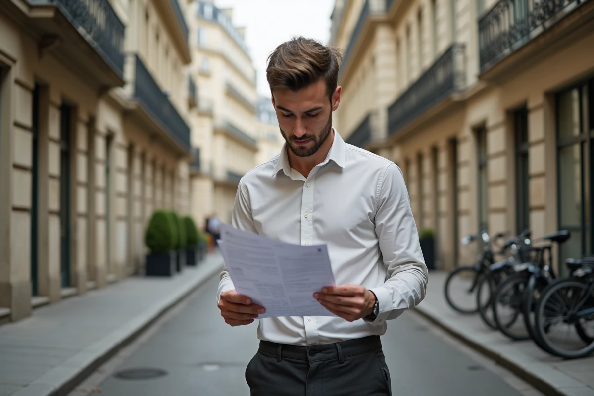 Étudiant consultant des annonces de location devant un immeuble parisien pour trouver un studio