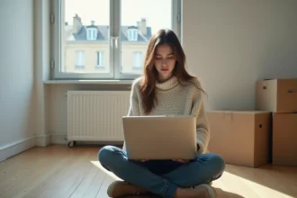 Étudiante cherchant un studio sur SeLoger depuis son appartement vide lors d'une recherche de location