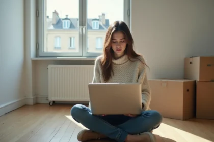 Étudiante cherchant un studio sur SeLoger depuis son appartement vide lors d'une recherche de location