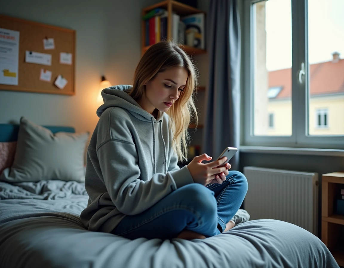 Étudiante lyonnaise consultant les prix des loyers dans un studio meublé depuis son smartphone