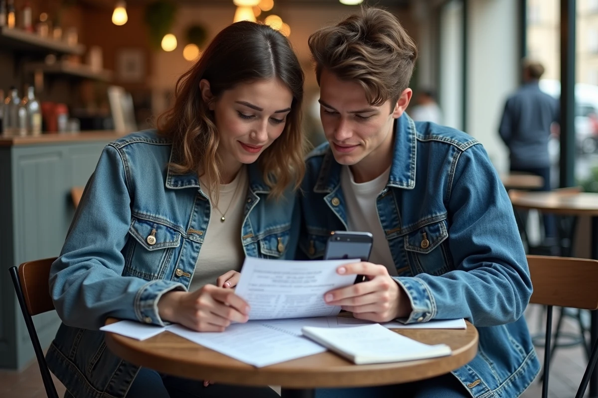 Deux étudiants analysant un contrat de bail et des annonces SeLoger dans un café parisien